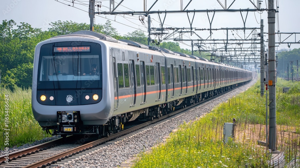 Naklejka premium Metro train emerging from urban greenery cityscape transportation daylight dynamic view modern infrastructure