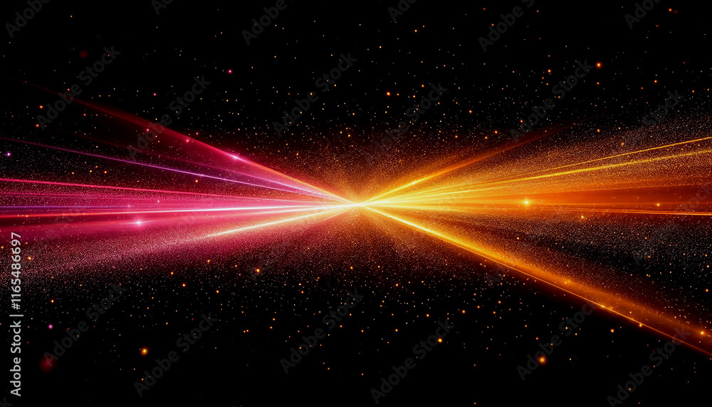 On a black background with glittering particles, radiant beams of pink, gold, and orange light intersect On a black background with glittering particles, radiant beams of pink, gold, and orange light intersect