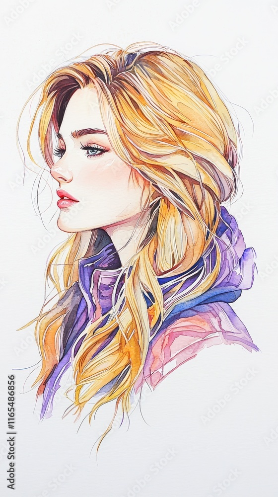 Artistic of a beautiful woman studio digital art white background side view showroom appeal