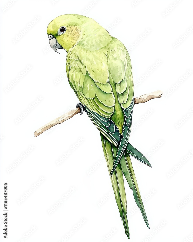 Fototapeta premium Playful green parakeet on branch white background wildlife captivating viewpoint nature concept