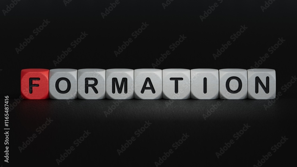 Close up wooden block cube for Text FORMATION.close up of wooden elements,Business Concept.3D rendering on black background. Close up wooden block cube for Text FORMATION.close up of wooden elements,Business Concept.3D rendering on black background.