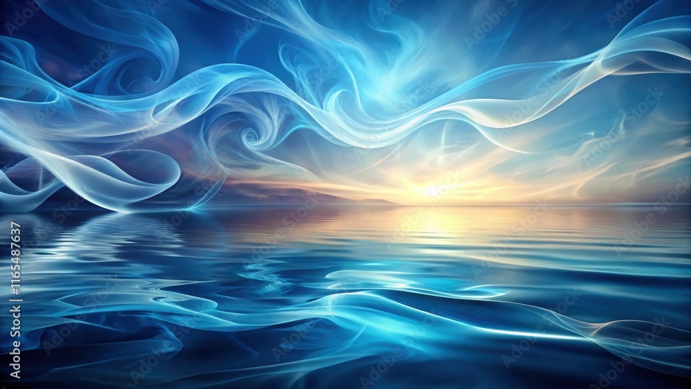 Fototapeta premium A dreamy sunset over a tranquil ocean, with ethereal wisps of smoke-like clouds reflecting in the water