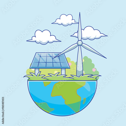 Solar Panel and windmill. Clean Green Renewable Energy Sources Concept 