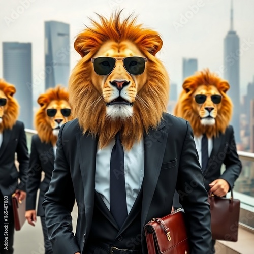 a group of lions with a man in a suit and a suit with a bag on their shoulder.