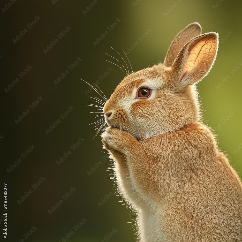 Rabbit grooming its ears in natural daylight close-up enchanted forest environment Rabbit grooming its ears in natural daylight close-up enchanted forest environment