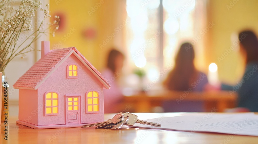 House with keys on table. Keys with contract suggest property and home ownership. Document showing estate agreement for family. Indoors, business atmosphere. Suited for contract, mortgage or realty