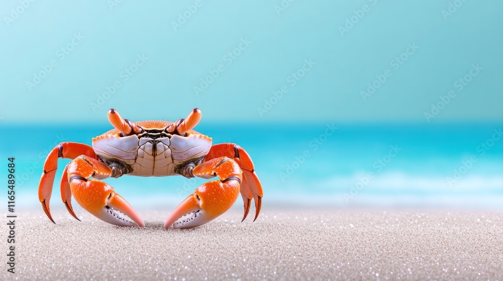 A vibrant crab on sandy beach with a serene ocean backdrop. A vibrant crab on sandy beach with a serene ocean backdrop.