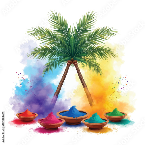 tropical island with palm trees watercolor vector illusration.