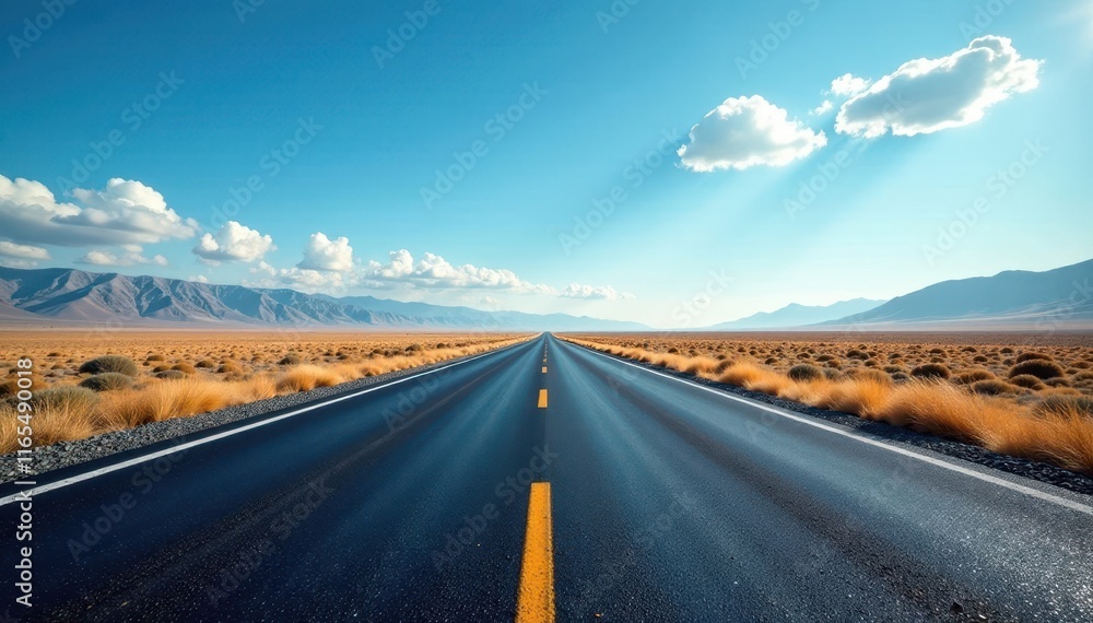 Naklejka premium Endless asphalt ribbon stretches to horizon under vast blue sky, road surface, background