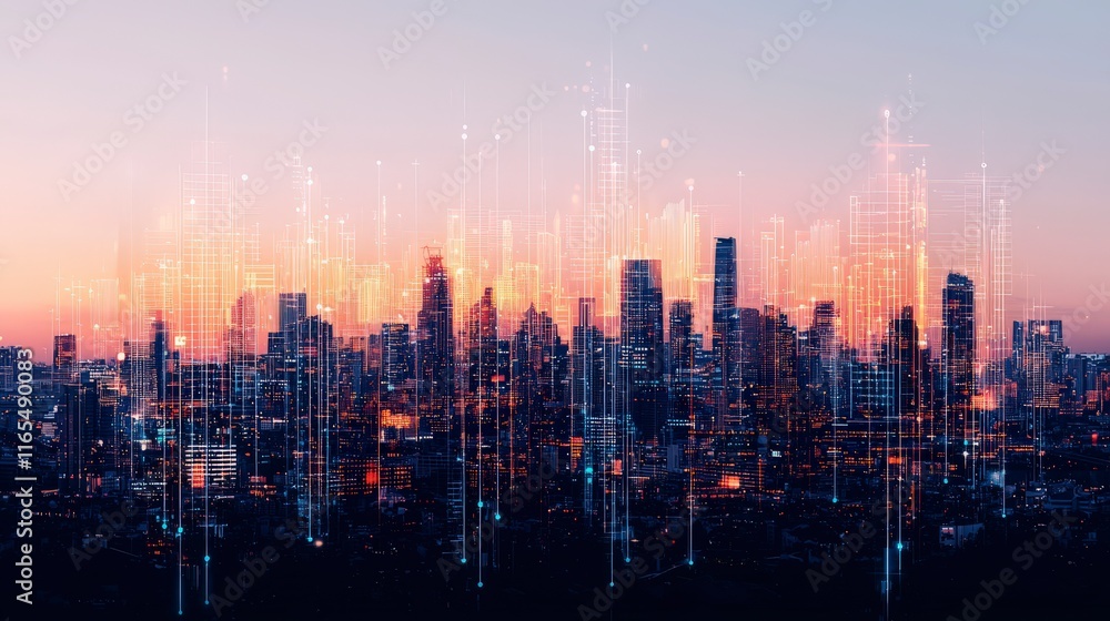 Fototapeta premium Urban skyline with digital overlay, showcasing modern architecture and technological advancement during sunset.