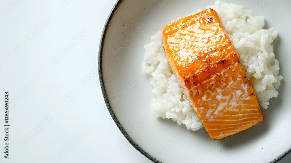 Grilled Salmon Fillet Served Over Plain White Rice Grilled Salmon Fillet Served Over Plain White Rice