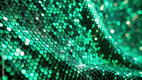 A shimmering green fabric adorned with tightly packed round sequins creating a subtle, undulating texture. photo