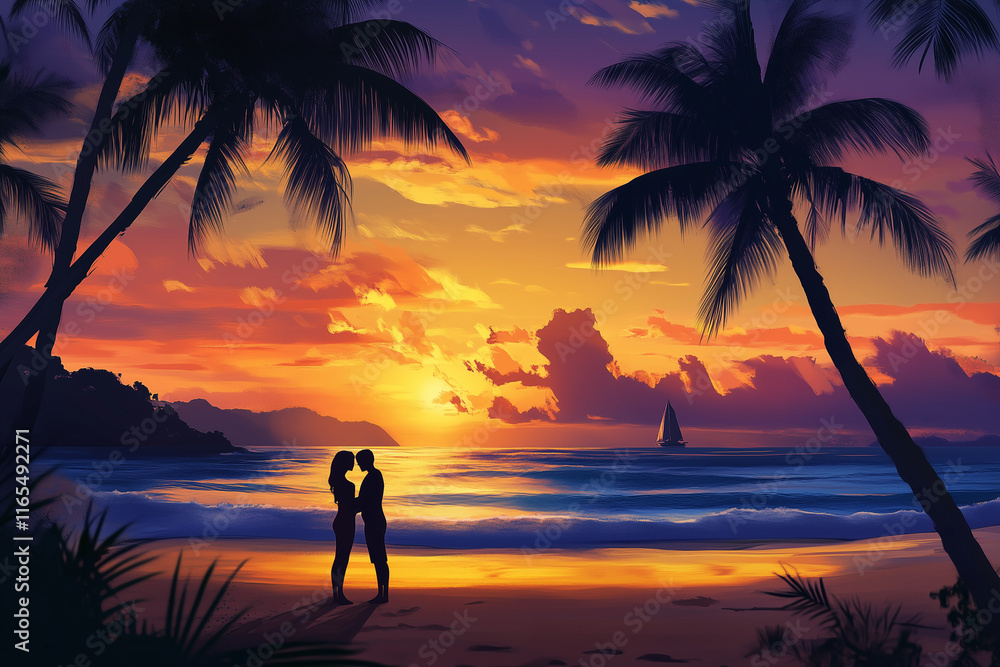 Loving couple embracing on the beach in sunset sky background. Love, happy valentine's day background. Alternative Ai.
Loving couple embracing on the beach in sunset sky background. Love, happy valentine's day background. Alternative Ai.