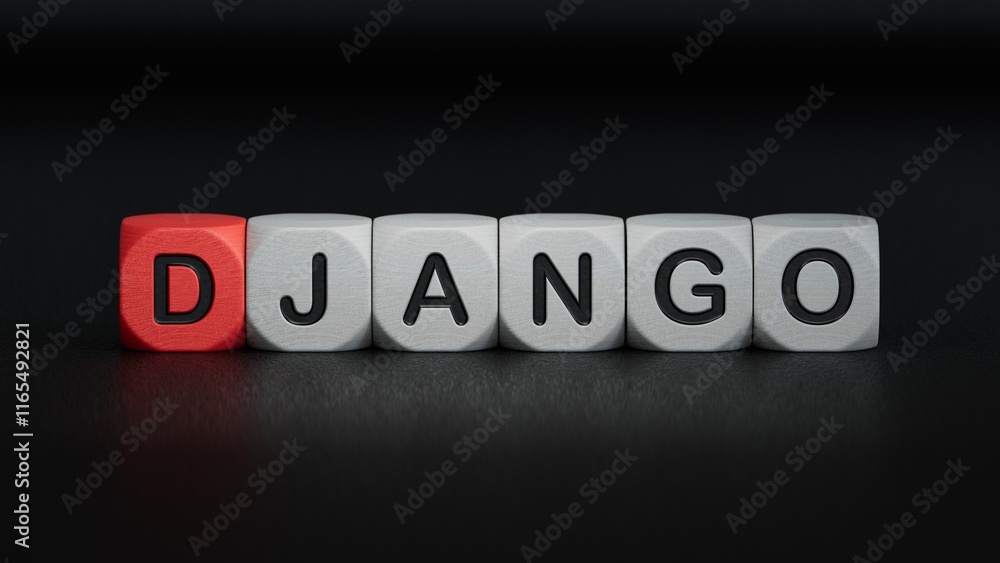 DJANGO word text from wooden cube block letters.close up of wooden elements,Business Concept.3D rendering on black background. DJANGO word text from wooden cube block letters.close up of wooden elements,Business Concept.3D rendering on black background.