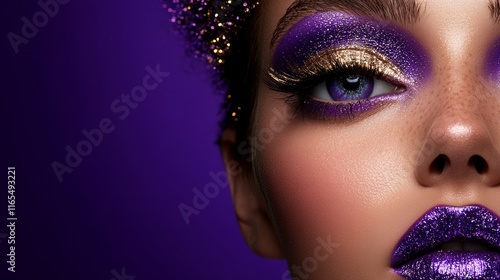 Close-up of sparkling purple and gold makeup on face with glowing highlights and vibrant artistic style