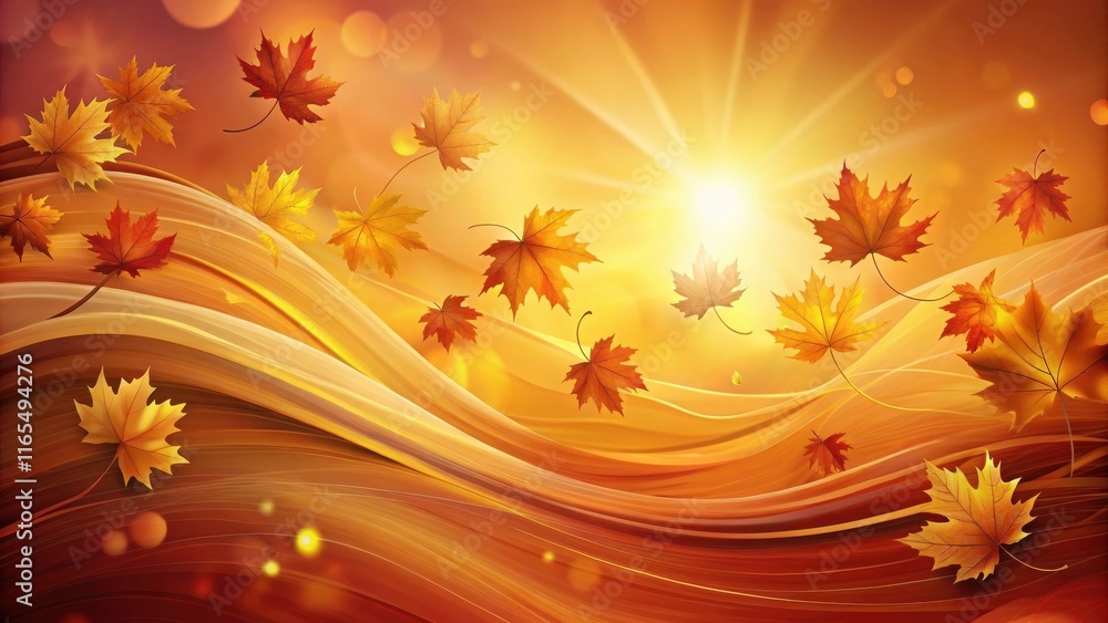 Autumn Leaves Dancing on a Wavy Background of Warm Colors, a Sunburst Glowing in the Sky Autumn Leaves Dancing on a Wavy Background of Warm Colors, a Sunburst Glowing in the Sky