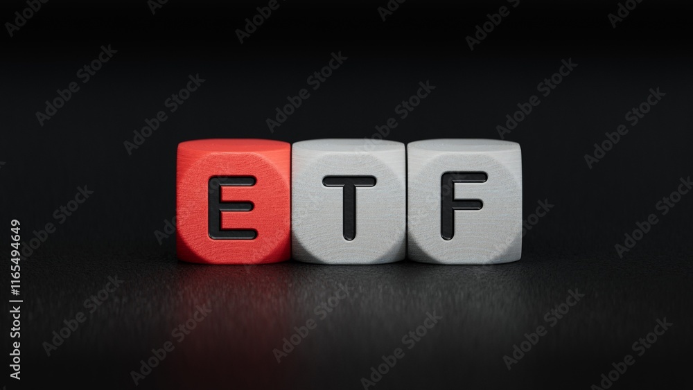 Obraz premium ETF - word concept on building blocks, text, letters.close up of wooden elements,Business Concept.3D rendering on black background.