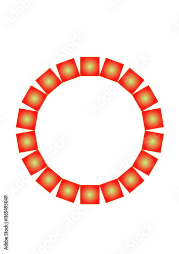 circular frame made of 18 red and yellow shaded squares arranged in a ring, abtract modern design, copy space 