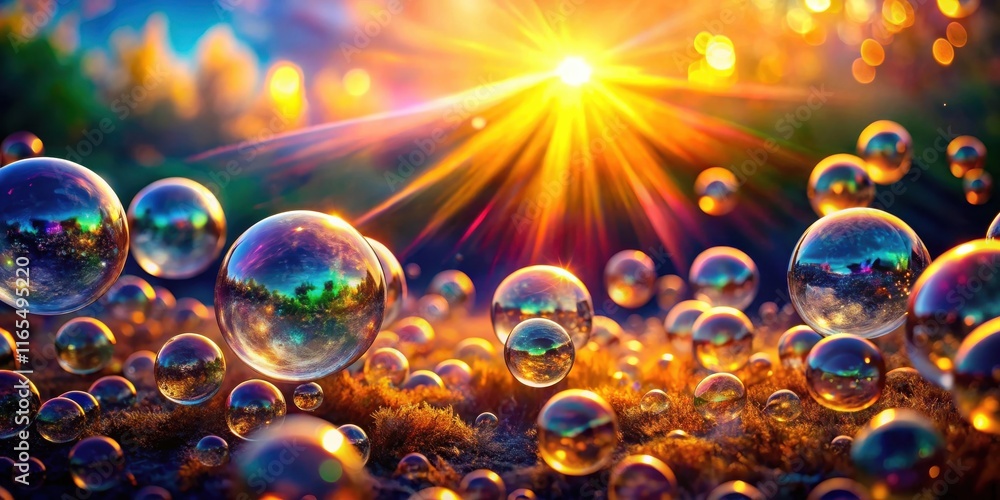 A mesmerizing display of iridescent soap bubbles reflecting a vibrant sunset, bathed in warm golden light and surrounded by a tapestry of nature's hues A mesmerizing display of iridescent soap bubbles reflecting a vibrant sunset, bathed in warm golden light and surrounded by a tapestry of nature's hues