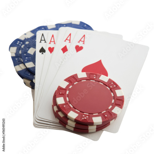 High stakes poker scene featuring playing cards and chips, showcasing aces and vibrant colors. Perfect for gambling themes and casino related content photo