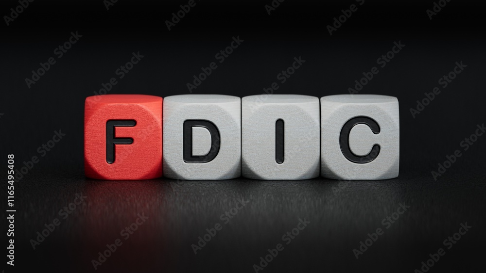 fdic word written on wooden cubes with copy space.close up of wooden elements,Business Concept.3D rendering on black background. fdic word written on wooden cubes with copy space.close up of wooden elements,Business Concept.3D rendering on black background.