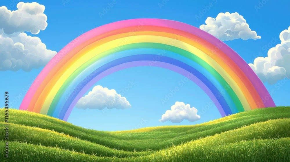Bright Rainbow Arching Over Rolling Hills Under a Clear Blue Sky with Soft White Clouds Bright Rainbow Arching Over Rolling Hills Under a Clear Blue Sky with Soft White Clouds