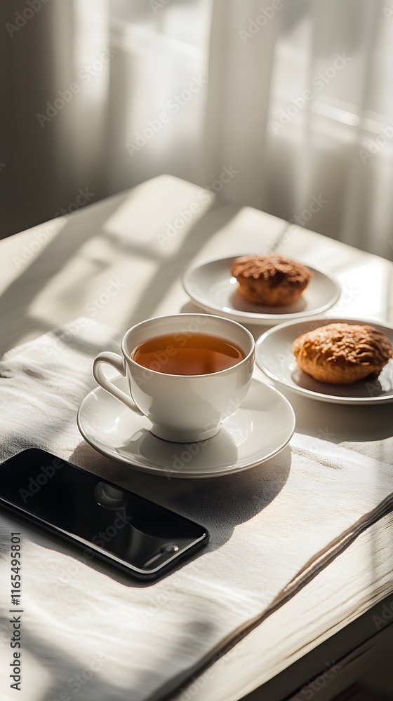 A photograph of an empty white desk with some food and coffee on it, taken from the side A photograph of an empty white desk with some food and coffee on it, taken from the side