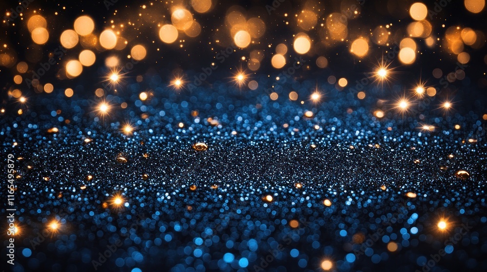 Naklejka premium Sparkling blue and gold glitter bokeh background.