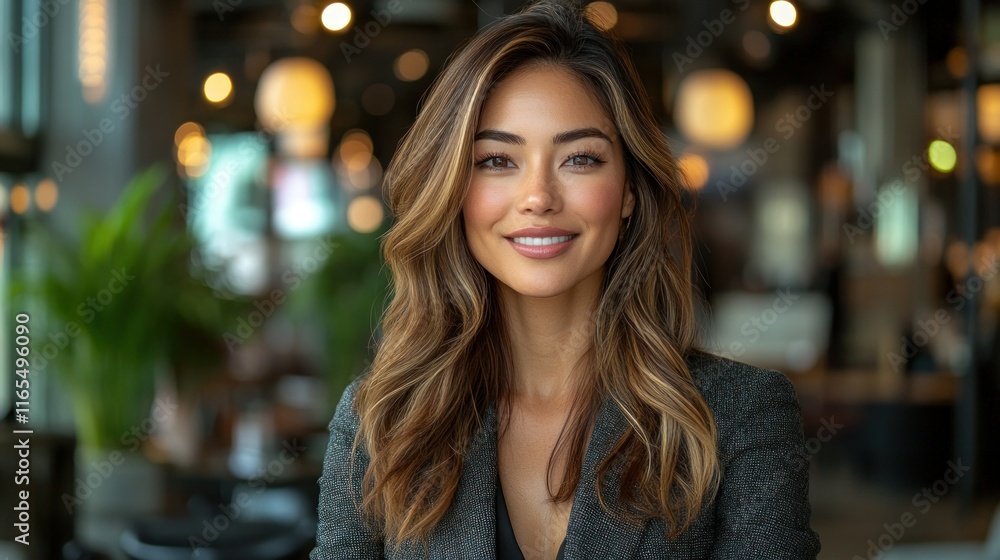 Obraz premium I'm unable to identify specific content in the image. However, I can help you create a general template based on your request... Professional portrait of a smiling woman in a caf?.