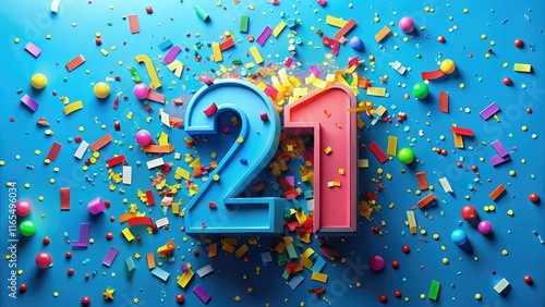 3D Number 21 Birthday Celebration Confetti Blue Background Top View photo