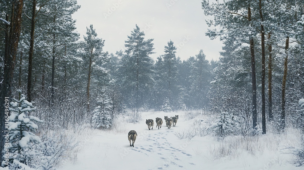 A pack of wolves running through a snowy forest, paws leaving tracks in the fresh snow under a grey sky. A pack of wolves running through a snowy forest, paws leaving tracks in the fresh snow under a grey sky.