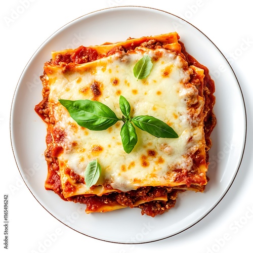 Top view of a plate of lasagna isolated on white background.