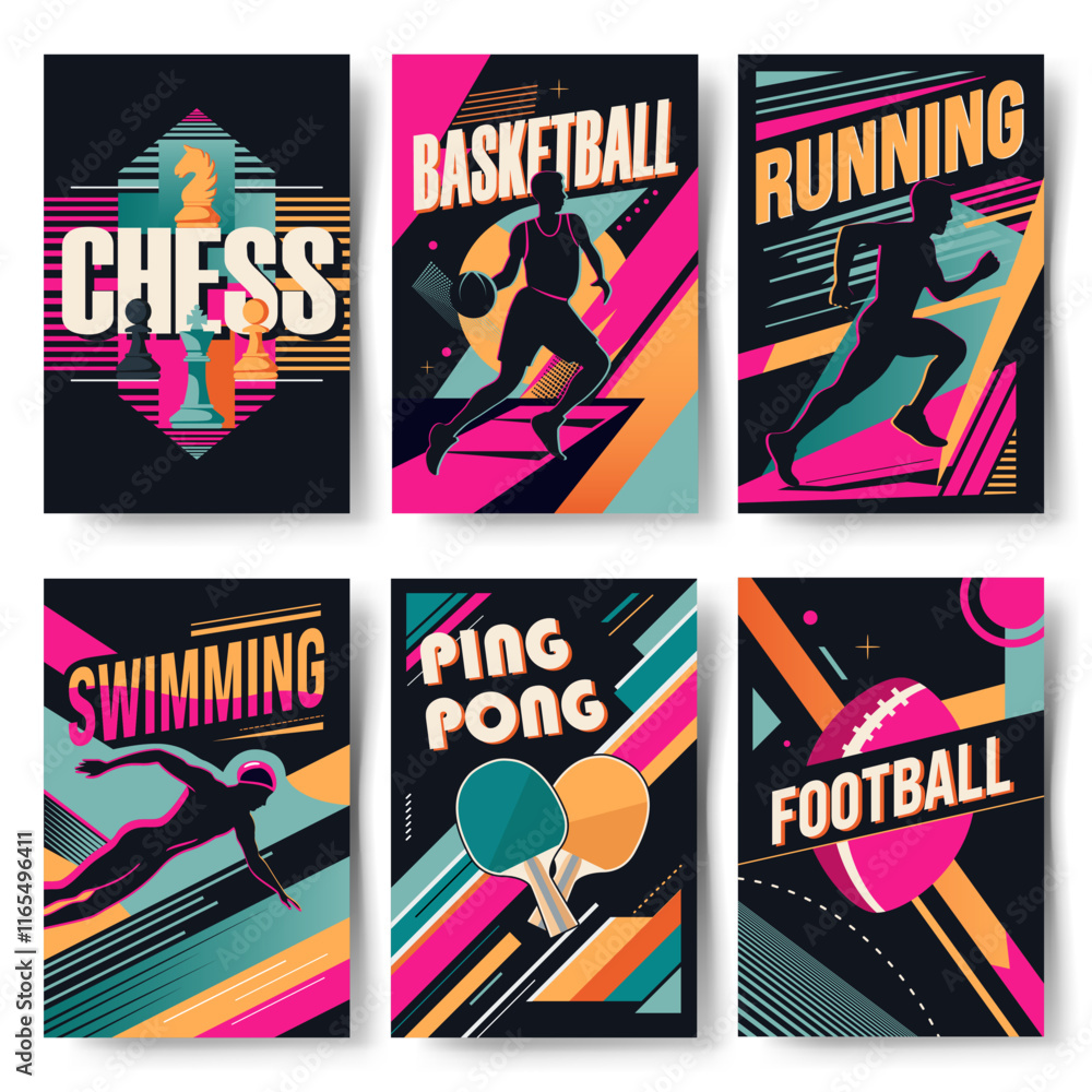 Set of modern abstract sport backgrounds. Retro style posters with different sports. Trendy geometric shapes. Set of modern abstract sport backgrounds. Retro style posters with different sports. Trendy geometric shapes.