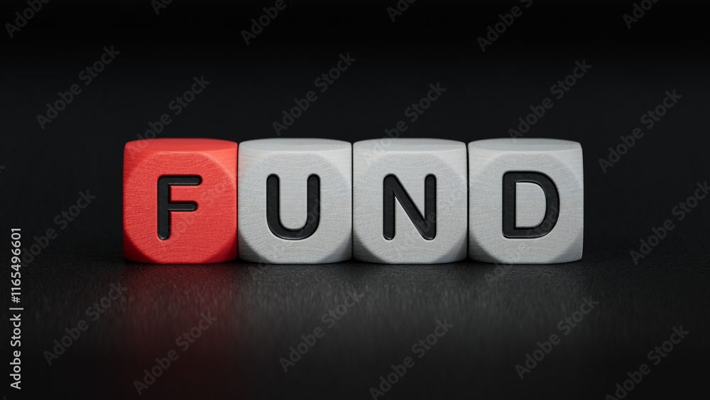 FUND Word Written In Wooden Cubes.close up of wooden elements,Business Concept.3D rendering on black background. FUND Word Written In Wooden Cubes.close up of wooden elements,Business Concept.3D rendering on black background.