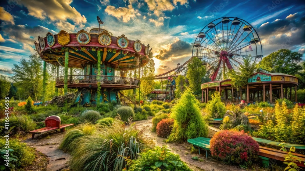 Obraz premium Abandoned Carnival Rides Surreal Photography, Broken Fun, Decaying Amusement Park, AI Art, Surrealism