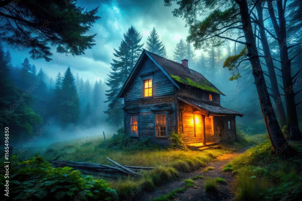 Abandoned House Foggy Forest Night Light Abandoned House Foggy Forest Night Light