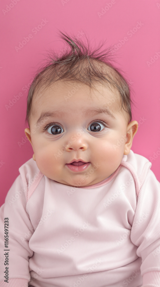 Cute portrait of a 1-year-old baby girl in a plain pink onesie against a pink backdrop. Vertical photoю perfect for baby product marketing, parenting campaigns Cute portrait of a 1-year-old baby girl in a plain pink onesie against a pink backdrop. Vertical photoю perfect for baby product marketing, parenting campaigns