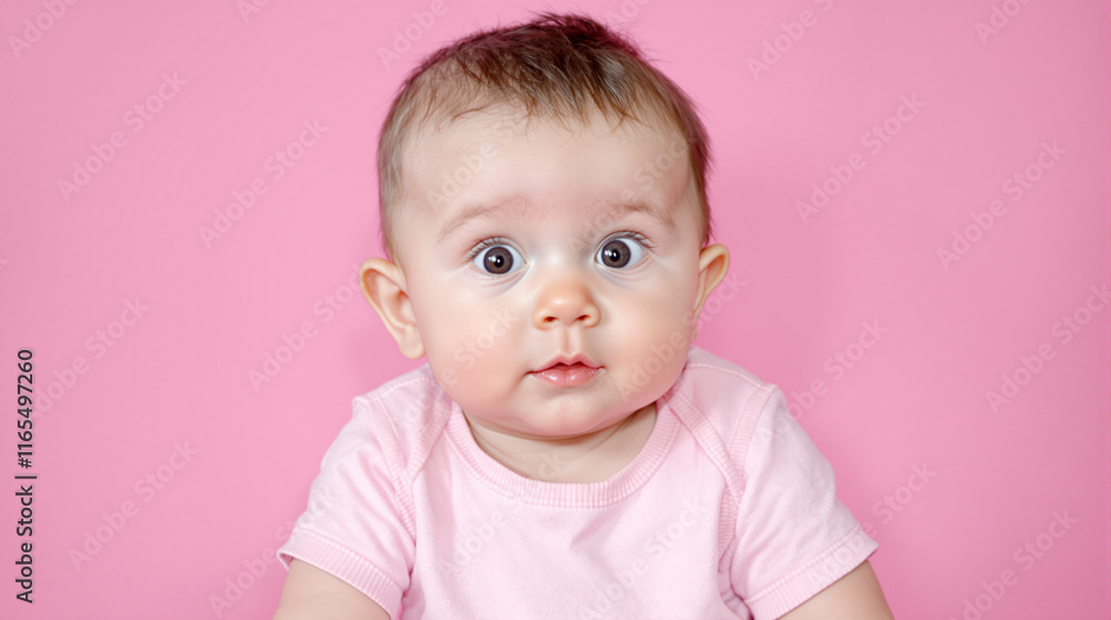 Horizontal portrait of a curious 1-year-old baby girl in a plain pink onesie. Suitable for baby care products, family campaigns, or children’s lifestyle branding Horizontal portrait of a curious 1-year-old baby girl in a plain pink onesie. Suitable for baby care products, family campaigns, or children’s lifestyle branding