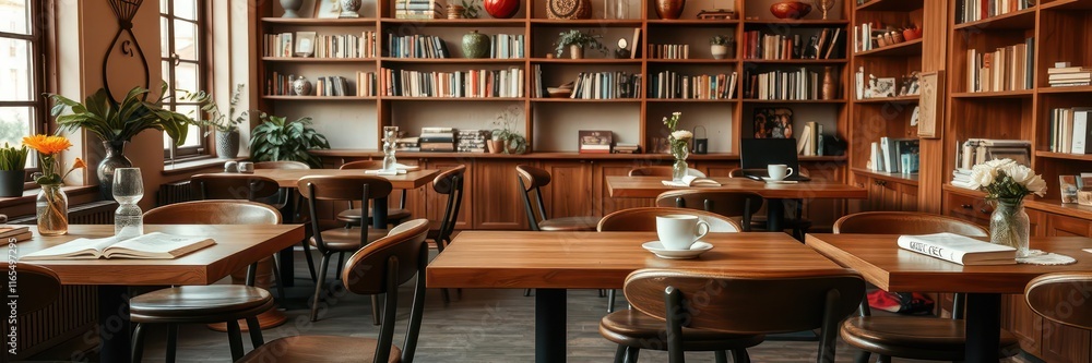 Cozy cafe interior with wooden tables, chairs, and shelves filled with books, flowers, and coffee accessories, books, cafe, interior Cozy cafe interior with wooden tables, chairs, and shelves filled with books, flowers, and coffee accessories, books, cafe, interior