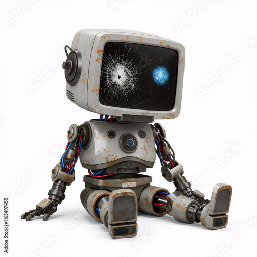 Rusty retro futuristic robot sitting on floor with broken monitor screen and protruding wires - isolated on white background