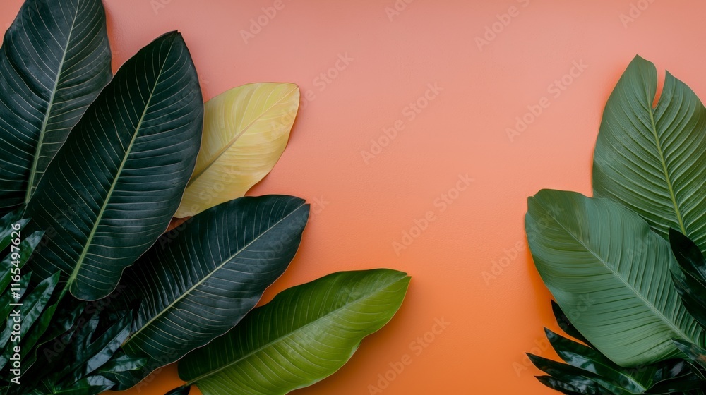 Obraz premium Tropical Leaves on Orange Background Exotic Foliage Summer Nature Plants