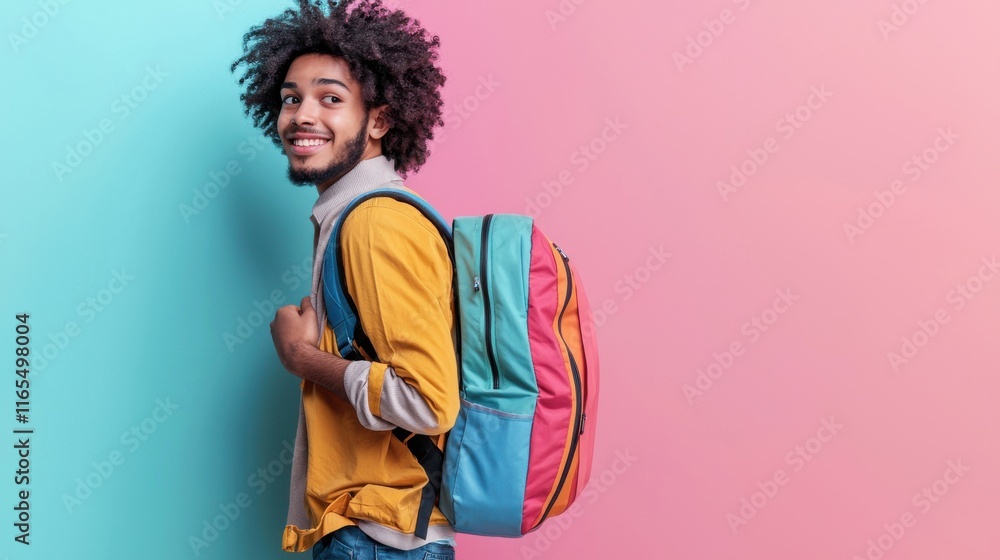 Young Student with Brightly Colored Backpack Against a Vibrant Background Smiling and Looking Confident Young Student with Brightly Colored Backpack Against a Vibrant Background Smiling and Looking Confident