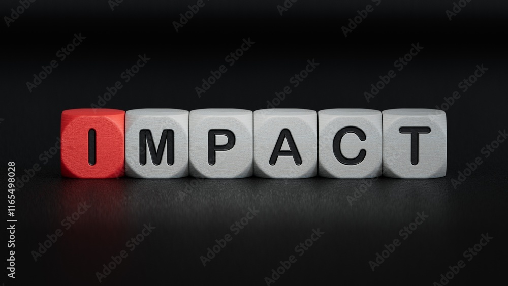 Obraz premium IMPACT Concept With Wooden Ruler.close up of wooden elements,Business Concept.3D rendering on black background.