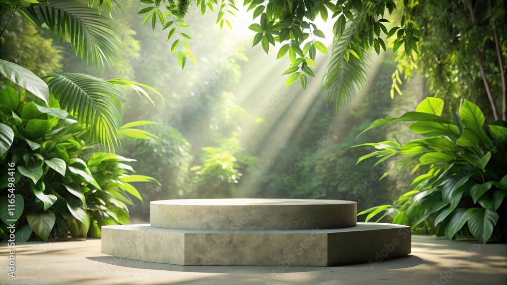 A Two Tiered Stone Pedestal Surrounded by Lush Greenery, Bathed in the Soft Light of the Morning Sun A Two Tiered Stone Pedestal Surrounded by Lush Greenery, Bathed in the Soft Light of the Morning Sun
