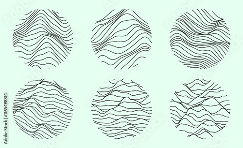Topographic map set. Set of round topographic maps. Background of lines. Contour maps of mountain relief. Abstract geographic wallpaper. Vector illustration.