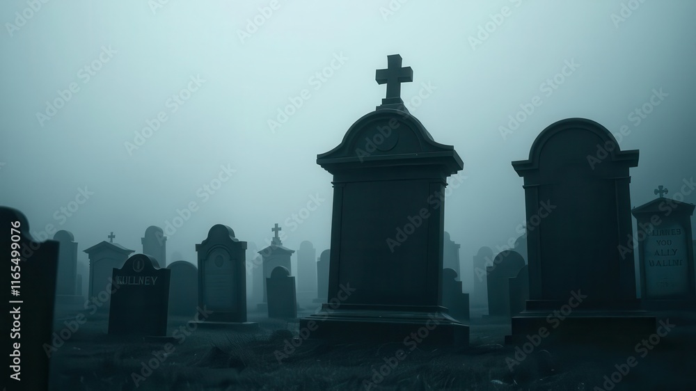 A mysterious gravestone stands tall in a foggy cemetery with eerie atmosphere, misty, aged, eerie A mysterious gravestone stands tall in a foggy cemetery with eerie atmosphere, misty, aged, eerie