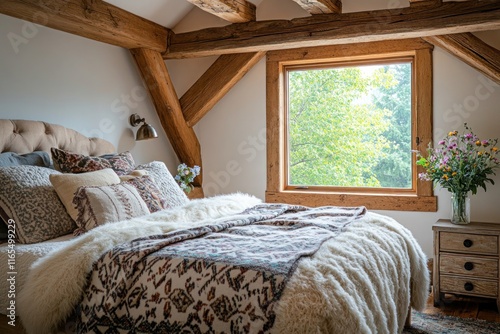 Cozy, rustic cottage bedroom filled with soft natural light streaming through a large window, featuring wooden beams, a plush bed with patterned blankets, and a vase of wildflowers on the nightstand.