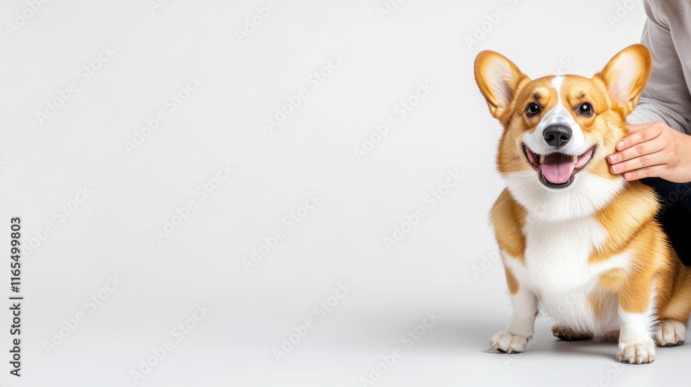 A happy corgi being petted by a person in a light setting. A happy corgi being petted by a person in a light setting.
