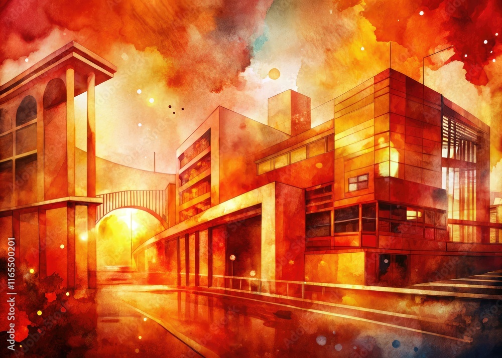 Fototapeta premium Abstract Red Orange Watercolor Architecture, Architectural Photography, Digital Art