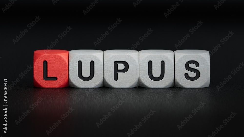 LUPUS word made with building blocks.close up of wooden elements,Business Concept.3D rendering on black background. LUPUS word made with building blocks.close up of wooden elements,Business Concept.3D rendering on black background.